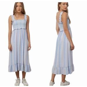 Rails Rumi Gingham Plaid Midi Dress | Linen Blend Lined w/ Smocked Bodice | Sm